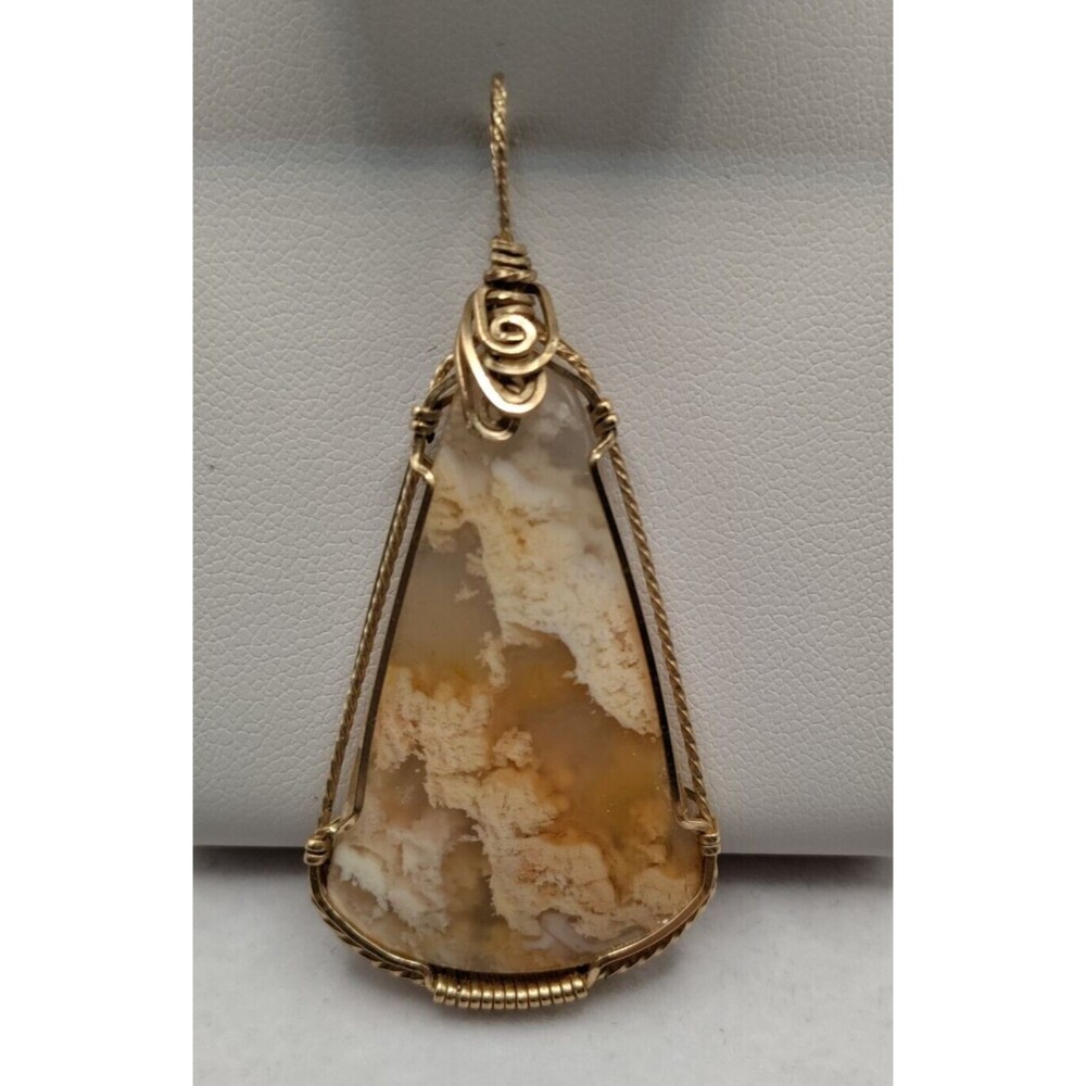 Natural Peachy White Lace Agate Stone Pendant Wrapped in Wire 2.25" Long 1" Wide